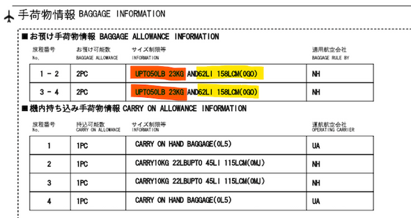 BAGGAGE INFORMATION(ANA)